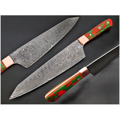 EdgeWork WSDM-2313 Ultra Sharp Santoku Forged Chef Knife Damascus Steel Red & Green Resin Grip 