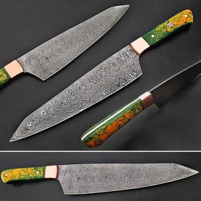 EdgeWork WSDM-2319 Pacific Rim Santoku Forged Chef Knife Resin Grips Damascus 1095 HC Steel 