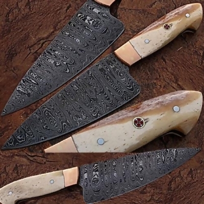 EdgeWork SDM-2231 Custom Made Damascus Steel Chef Knife Camel Bone Handle Copper Bolster 