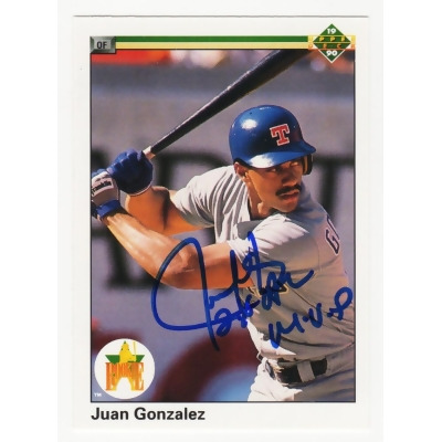 Schwartz Sports Memorabilia GONCAR120 MLB Juan Gonzalez Signed Texas Rangers 1990 Upper Deck Rookie Baseball Card No.72 with 2x AL MVP 