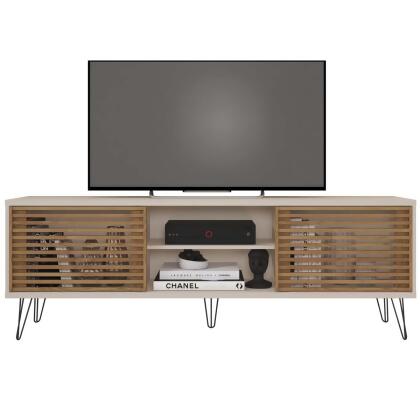 Better Home Products FRIZZ-TVSTN-OFFWHT-BUR Frizz Mid-Century Modern TV Stand for Up to 70 in. TV, Off White & Natural Oak 