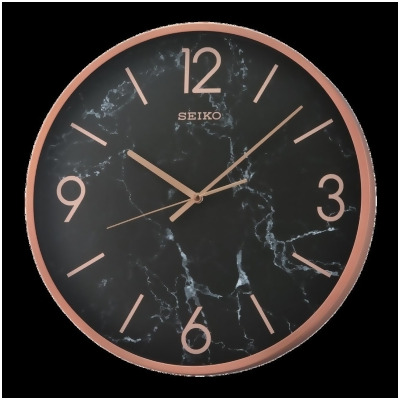 Seiko QXA760PLH 16 in. Rose Gold & Black Marble Effect Quiet Sweep Glass Front Noir Wall Wall Clock 