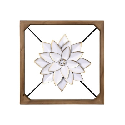 HomeRoots 396768 Wood Framed White Metal Flower Wall Decor 