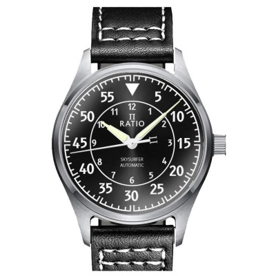 Ratio RTS321 Skysurfer Pilot Black Sunray Dial Leather Automatic 200M Mens Watch 