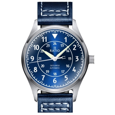 Ratio RTS309 Skysurfer Pilot Blue Sunray Dial Leather Automatic 200M Mens Watch 