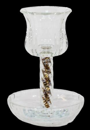 Schonfeld Collection 182890 6 in. Cup & 4.5 in. Tray Gold Filling with Spiral Leg Crystal Kiddush Cup 