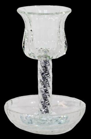 Schonfeld Collection 182888 6 in. Cup & 4.5 in. Tray Silver Filling with Spiral Leg Crystal Kiddush Cup 