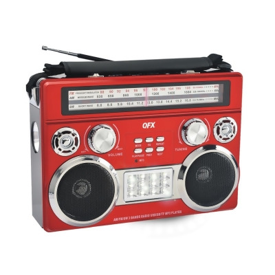 QFX R-333BT RED Retro AM & FM SW Radio with Bluetooth Flashlight & Flood Light, Red 
