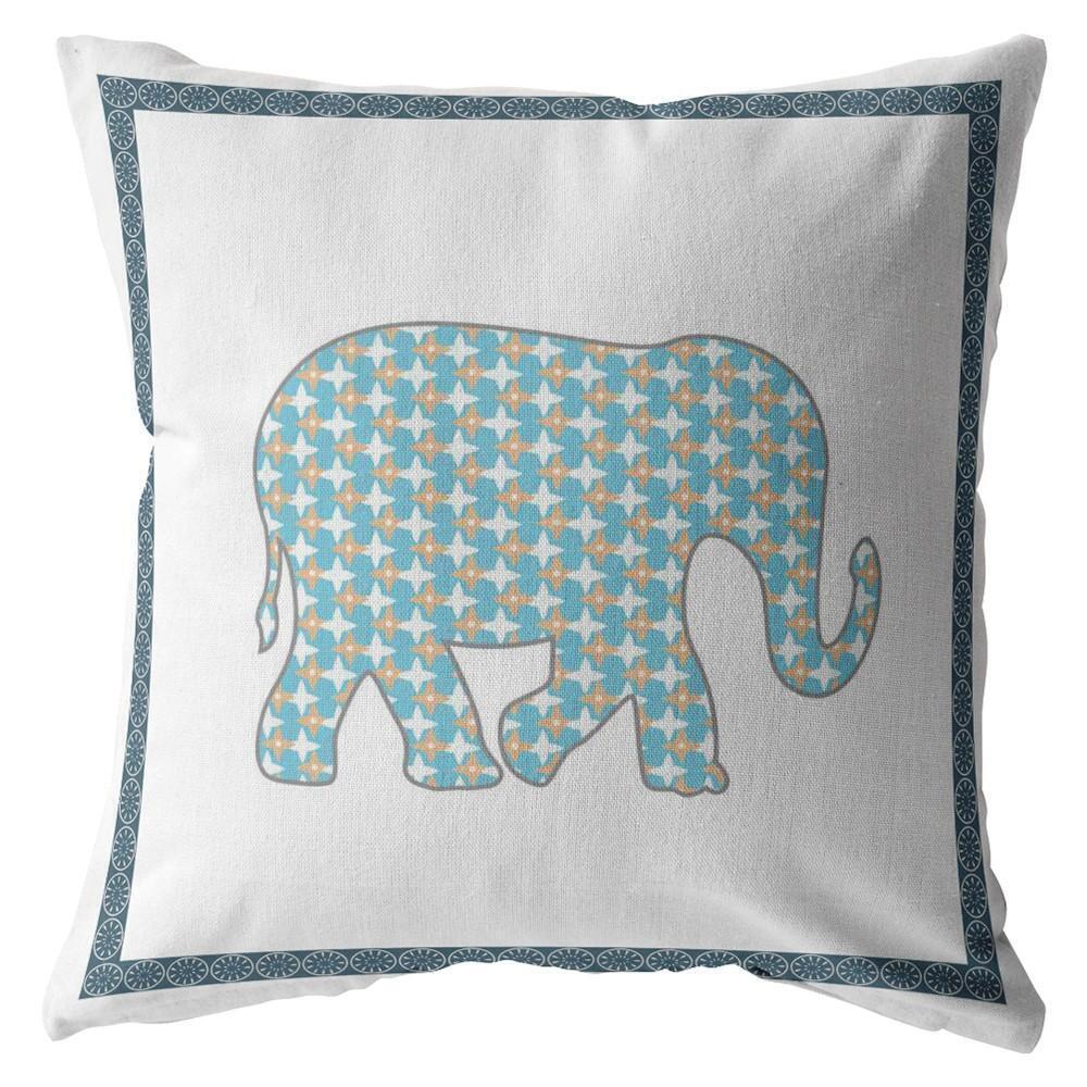 HomeRoots 410770 18 in. Elephant Zippered Suede Throw Pillow, Light Blue, Gold & White