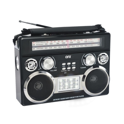 QFX R-333BT BLACK Retro AM & FM SW Radio with Bluetooth Flashlight & Flood Light, Black 