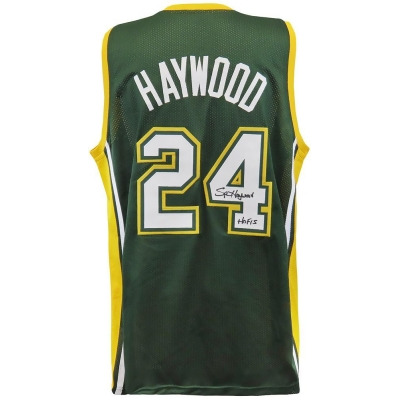 Schwartz Sports Memorabilia HAYJRY211 Spencer Haywood Signed Green Throwback Custom NBA Basketball Jersey with HOF 15 Inscription 