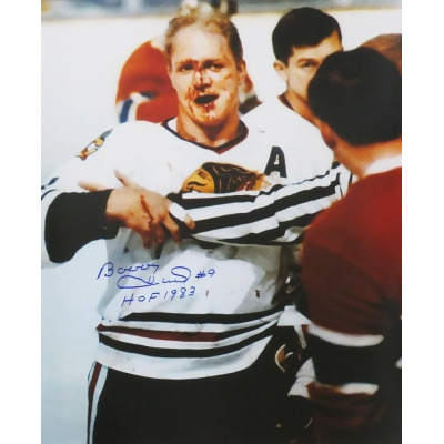 Schwartz Sports Memorabilia HUL16P412 16 x 20 in. Bobby Hull Signed Chicago Blackhawks Blood On Face NHL Photo with HOF 1983 Inscription 