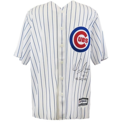 Schwartz Sports Memorabilia SOTJRY100 Geovany Soto Signed Chicag Cubs White Pinstripe Majestic Replica MLB Baseball Jersey with NL Roy 08 Inscription 