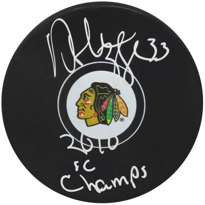 Schwartz Sports Memorabilia BYFPUC400 Dustin Byfuglien Signed Chicago Blackhawks Logo NHL Hockey Puck with 2010 SC Champs Inscription 