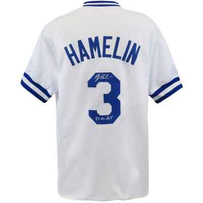 Schwartz Sports Memorabilia HAMJRY100 Bob Hamelin Signed White Custom MLB Baseball Jersey with 94 AL Roy Inscription 