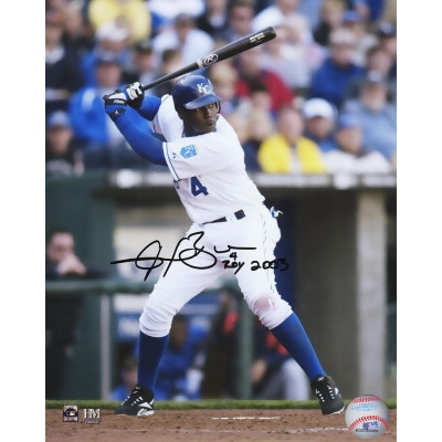 Schwartz Sports Memorabilia BER08P111 8 x 10 in. Angel Berroa Signed Kansas City Royals MLB Action Photo with Roy 2003 AL Inscription 