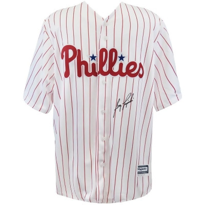 Schwartz Sports Memorabilia LUZJRY100 Greg Luzinski Signed Philadelphia Phillies White Pinstripe Majestic Replica MLB Baseball Jersey 