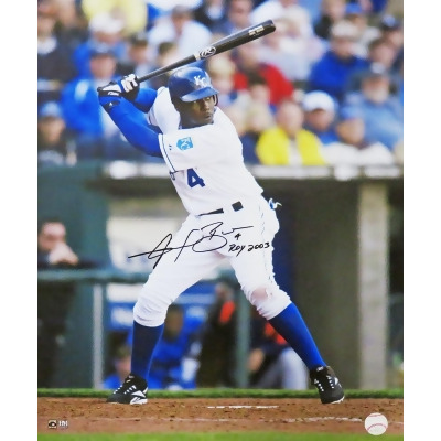 Schwartz Sports Memorabilia BER16P120 16 x 20 in. Angel Berroa Signed Kansas City Royals MLB Action Photo with Roy 2003 AL Inscription 