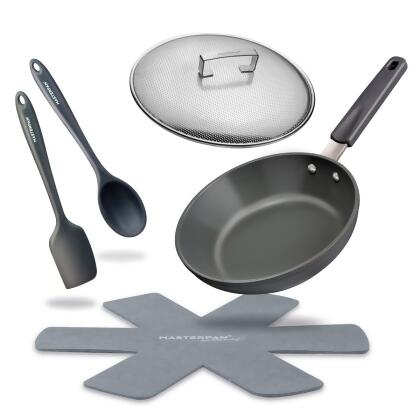Masterpan MP-156 9.5 in. Stovetop Oven Fry Pan & Skillet with Heat-In Steam-Out Lid, Classic Grey