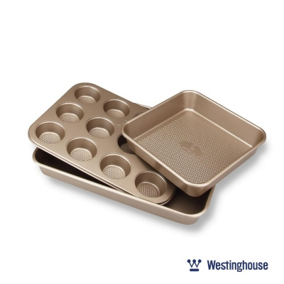 Westinghouse WH-3 Carbon Steel Baking Pan Set with 1 Square Pan, 1 Muffin Tray, & 1 Regtangle Deep Tray, Premium Non-Stick Coating - 3 Piece 