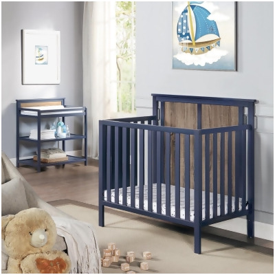 Suite Bebe 27599-MBL Connelly Mini Crib with Mattress Pad, Midnight Blue & Vintage Walnut 