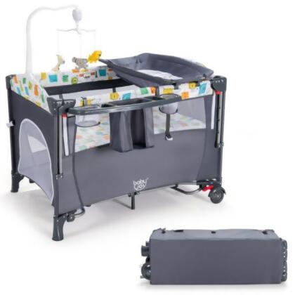 Total Tactic BB0505GR 5-in-1 Baby Nursery Center Foldable Toddler Bedside Crib with Music Box, Gray