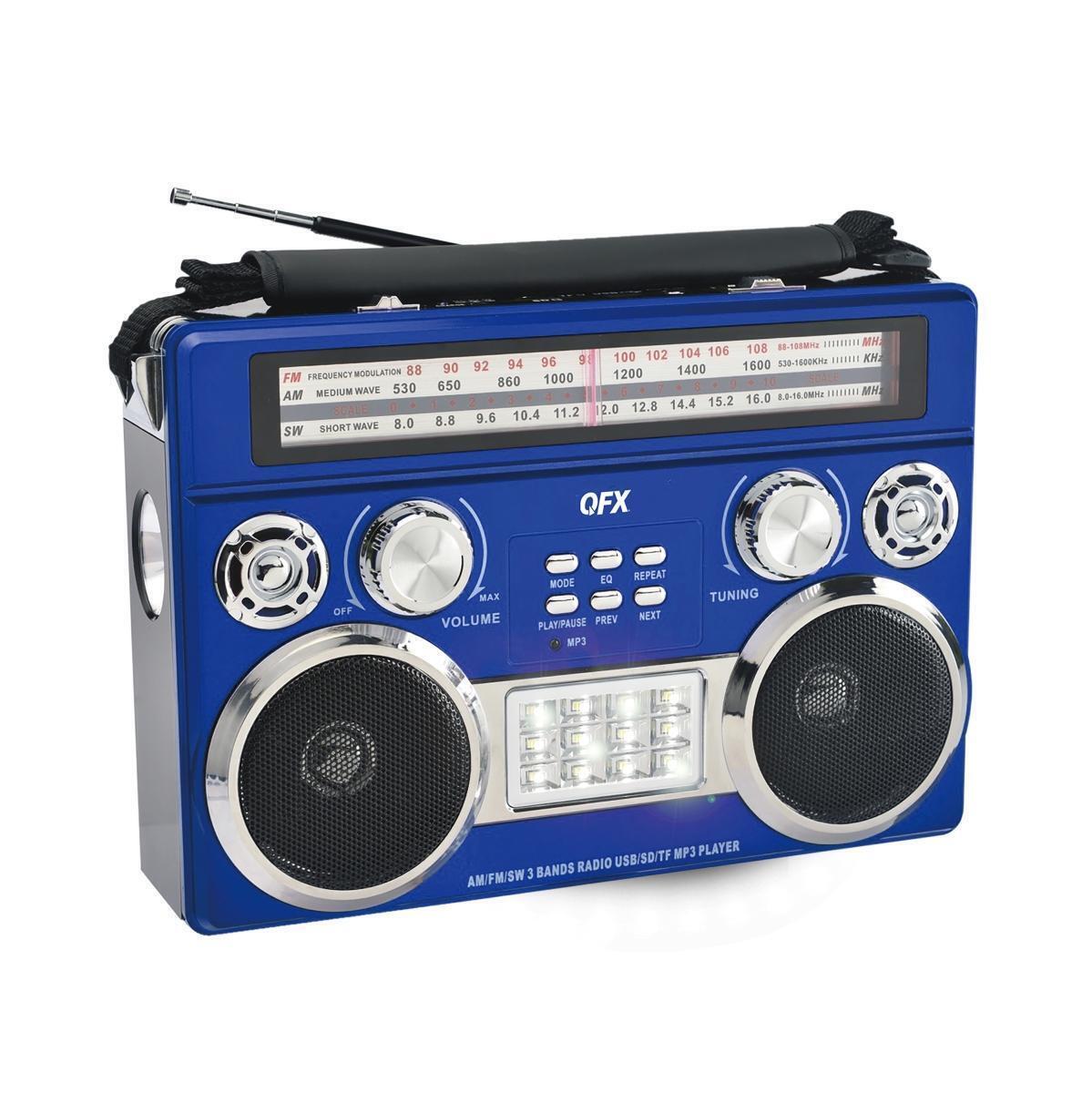 QFX R-333BT BLUE Retro AM & FM SW Radio with Bluetooth Flashlight & Flood Light, Blue