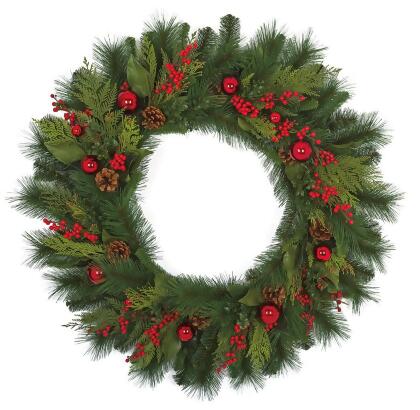 Autograph Foliages C-180050 36 in. PVC Mix Pine Wreath with Pine Cones Berries & Balls, Mix Green 