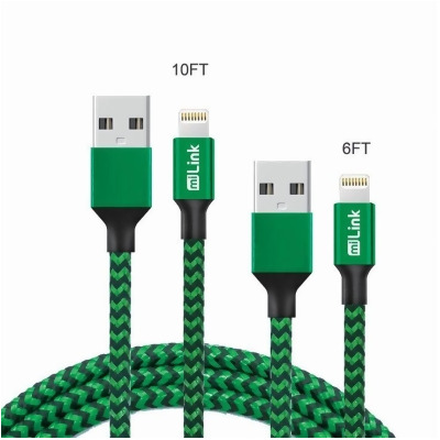 miLINK LC610-J96 6-10 ft. iPhone Changing & Syncing Cable, Green & Black - Pack of 2 