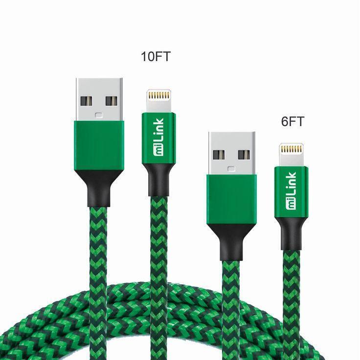 miLINK LC610-J96 6-10 ft. iPhone Changing & Syncing Cable, Green & Black - Pack of 2