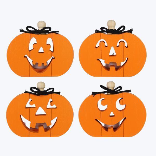 Youngs 82140 Wood Fun & Freaky Pumpkin Signs with LED Tea Light, Assorted Color - 4 Piece