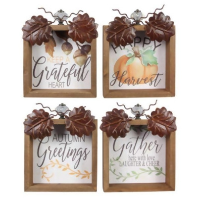 Youngs 80333 Wood Framed Thanksgiving Tabletop & Wall Sign with Crystal Knob Stem & Tin Leaves, Assorted Color - 4 Piece 