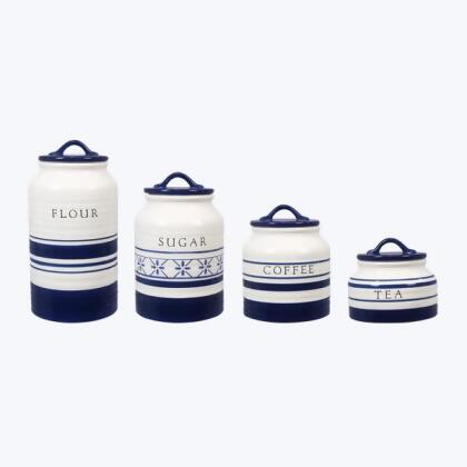 Youngs 19677 Ceramic Canister with Stamped Letting, Blue & White - Set of 4 