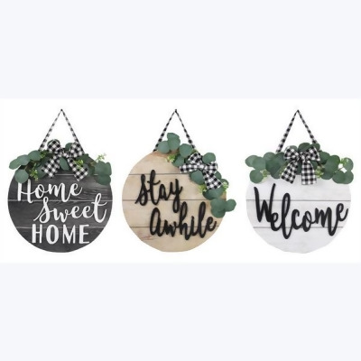 Youngs 21101 Wood Welcome Door Hanger with 3D Lettering, Greenery & Plaid Bow, Assorted Color - 3 Piece 