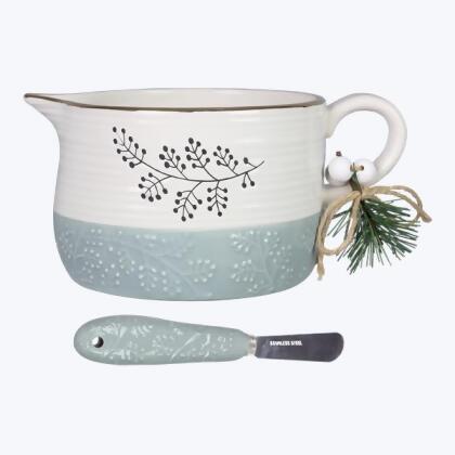 Youngs 92562 Ceramic White Winter Bowl with Spreader 