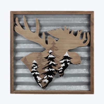 Youngs 92694 Wood Frame & Waffle Tin Back with Christmas Moose Design Cutout Wall Sign 