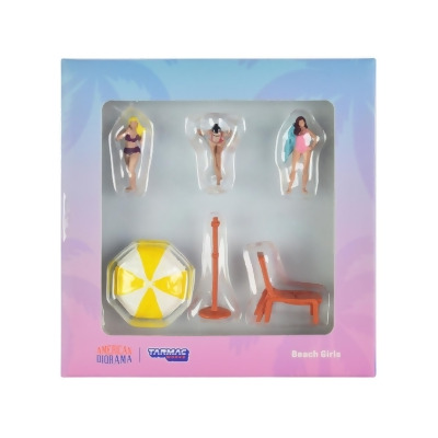 Tarmac Works T64F-002-YL Beach Girls 3 Female Figures & 2 Beach Accessories Diecast Figure Set for 1 by 64 Scale Models - 5 Piece 