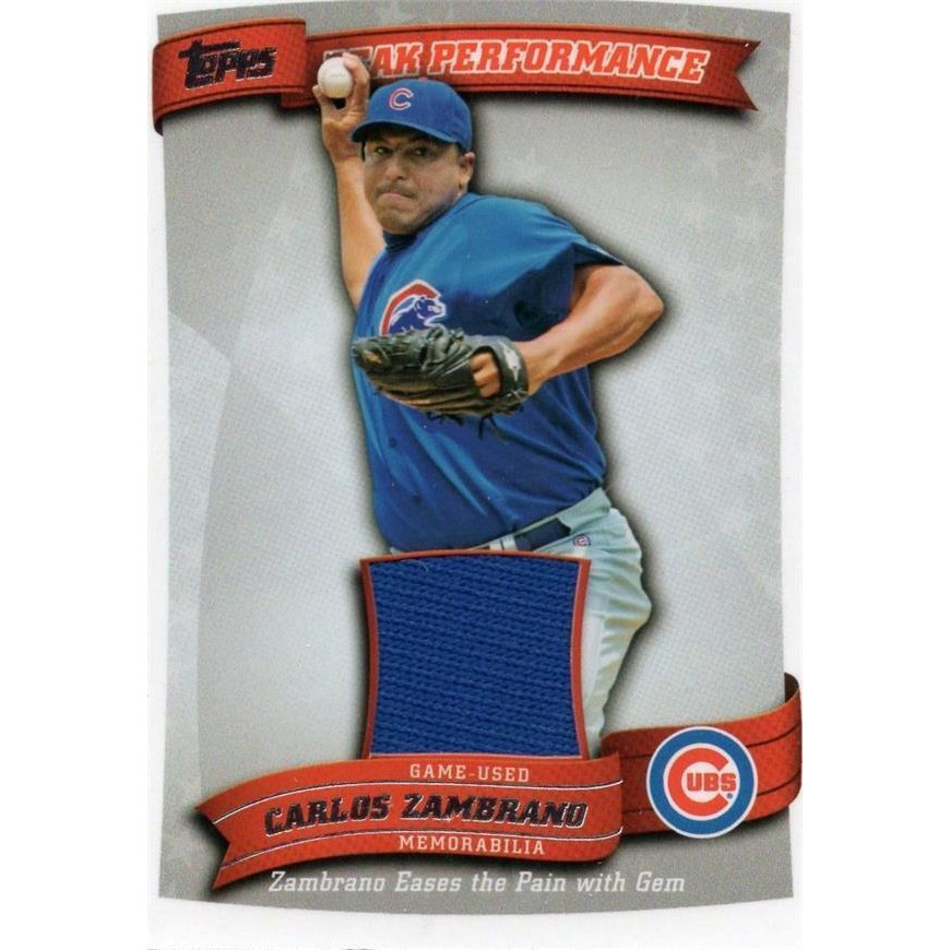 Autograph Warehouse 724450 Carlos Zambrano Player Worn Jersey Patch Chicago Cubs 2010 Topps Peak Performance No.PPRCZ Baseball Card