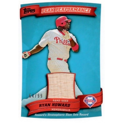 Autograph Warehouse 687710 Ryan Howard Player Used Bat Patch Philadelphia Phillies 2010 Topps Peak Performance No.PPRRH LE 64-99 Baseball Card 