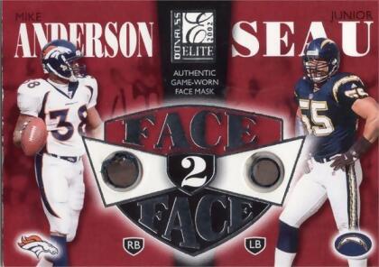 Autograph Warehouse 676106 Junior Seau & Mike Anderson Player Worn Helmet Patch Chargers Broncos 2002 Donruss Elite Face to Face No.FF3 Le 272-350 Foo