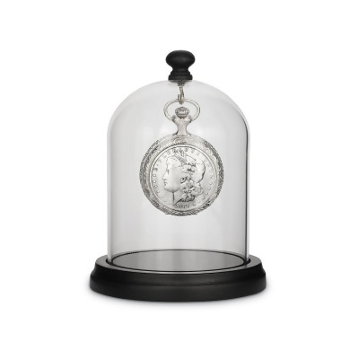 American Coin Treasures 17133 14 in. Glassed Dome with Pine Wood Base & 1800s Morgan Silver Dollar Coin Pocket Watch Tabletop Decor, Silver 