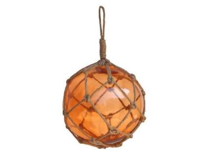 Handcrafted Decor Orange Japanese Glass Ball Fishing Float with Brown Netting Decoration- 12 in.