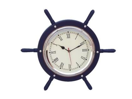 Handcrafted Decor SW-1753-CH-Blue Dark Blue Wood & Chrome Ship Wheel Clock- 15 in. 