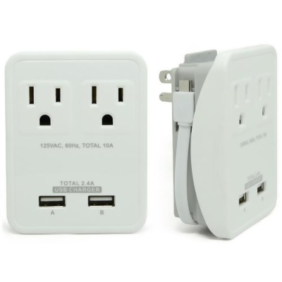 RND Accessories Compact Power Station 2.4 Amp Dual Ports- 2 AC Outlet Wall Charger With 7 in. Micro USB Cable - White 
