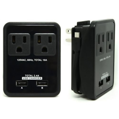 RND Accessories Compact Power Station 2.4 Amp Dual Ports- 2 AC Outlet Wall Charger With 7 in. Micro USB Cable - Black 