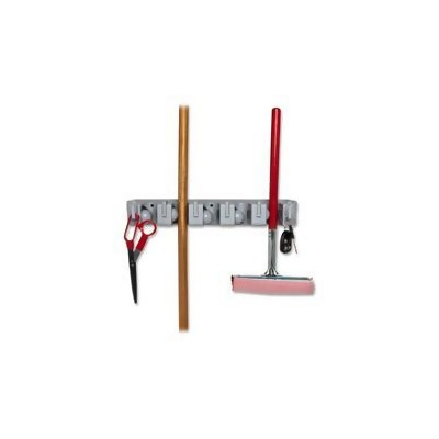 Genuine Joe GJO12504 Wall Rack- Holds 5 Brooms-Tools-6-Hooks for Hanging- Gray 