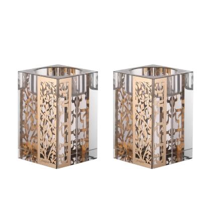 A&M Judaica & Gifts 183038 4 Gold Plates with Leaves Design & Set of Crystal Tealight Candle Holders