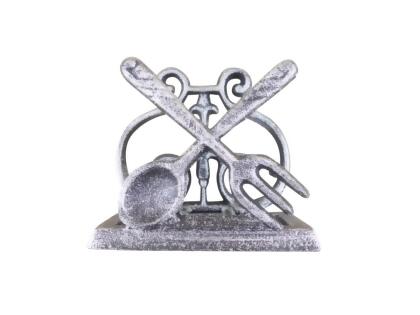 Handcrafted Model Ships k-9312-FS-silver 4.5 x 2.5 x 5 in. Rustic Silver Cast Iron Fork & Spoon Kitchen Napkin Holder 