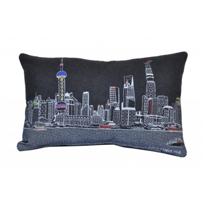 HomeRoots 482520 24 in. Shanghai Nighttime Skyline Lumbar Decorative Pillow, Black & Grey 