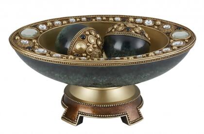 HomeRoots 468324 8 in. Polyresin Decorative Bowl with Orbs, Marbleized Green & Gold 